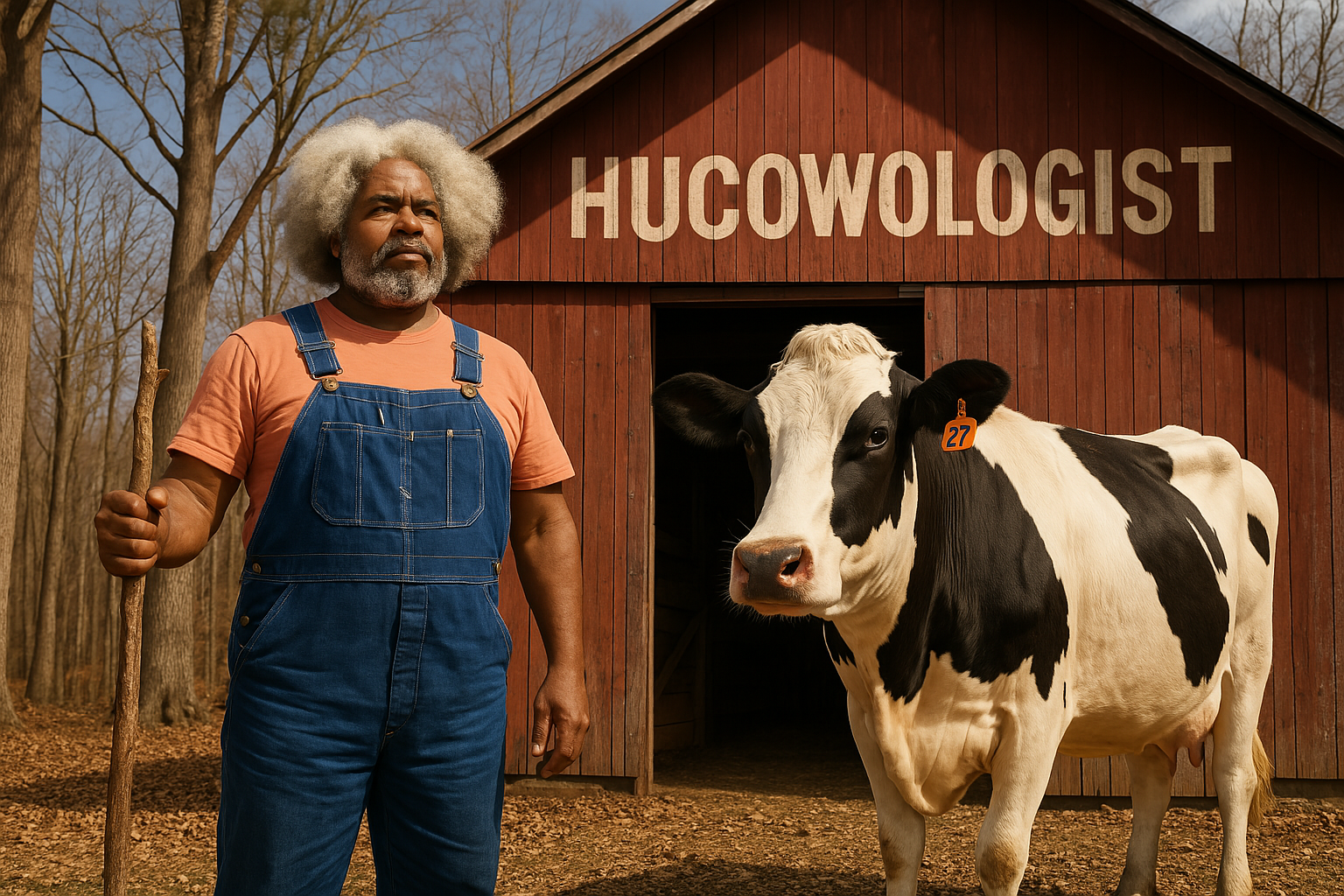 The Hucowologist standing with a cow in front of a red barn