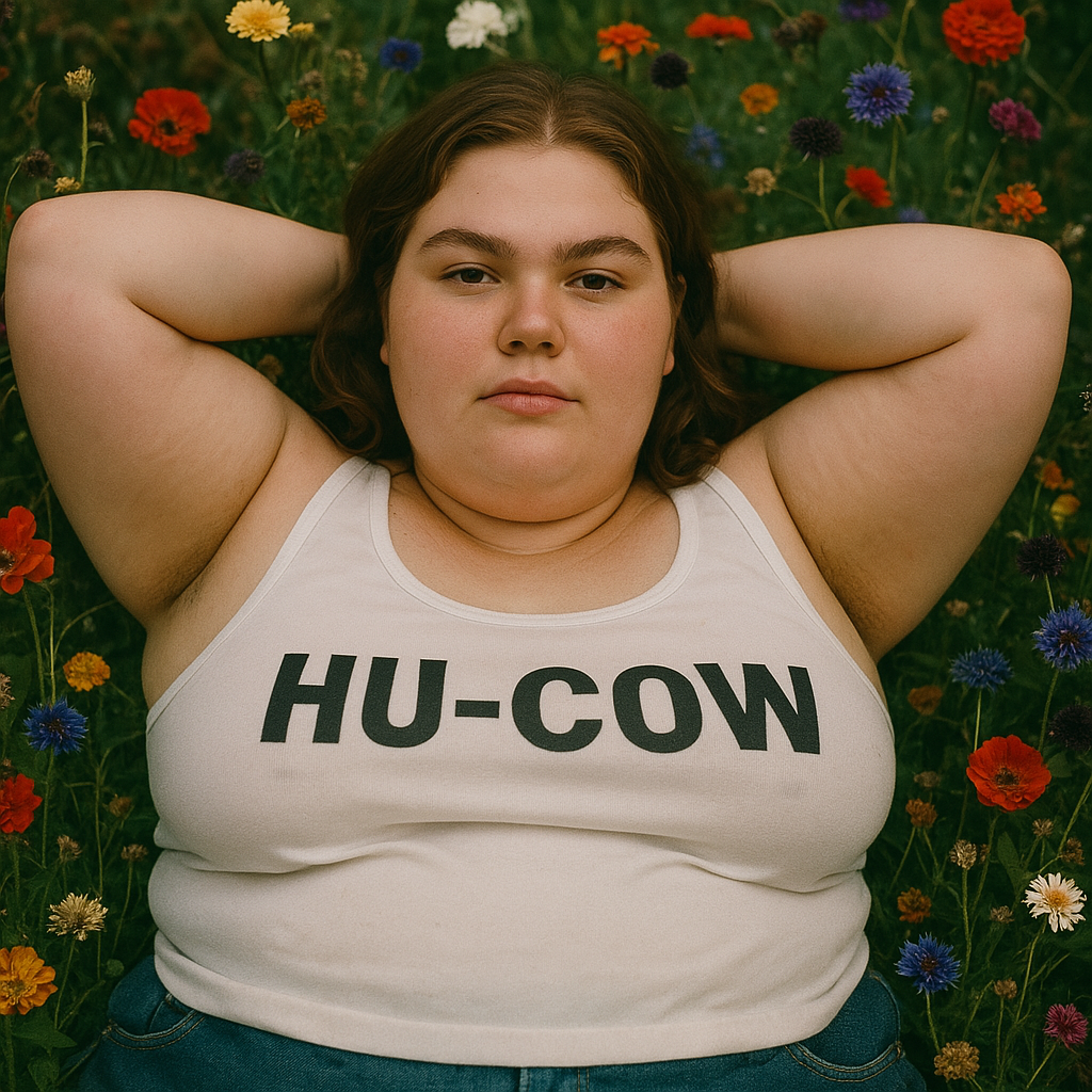 An adult wearing a HU-COW tank top in wildflowers