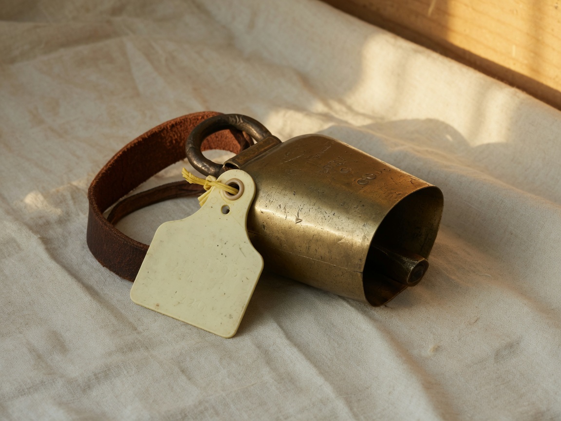 Brass cowbell and livestock tag