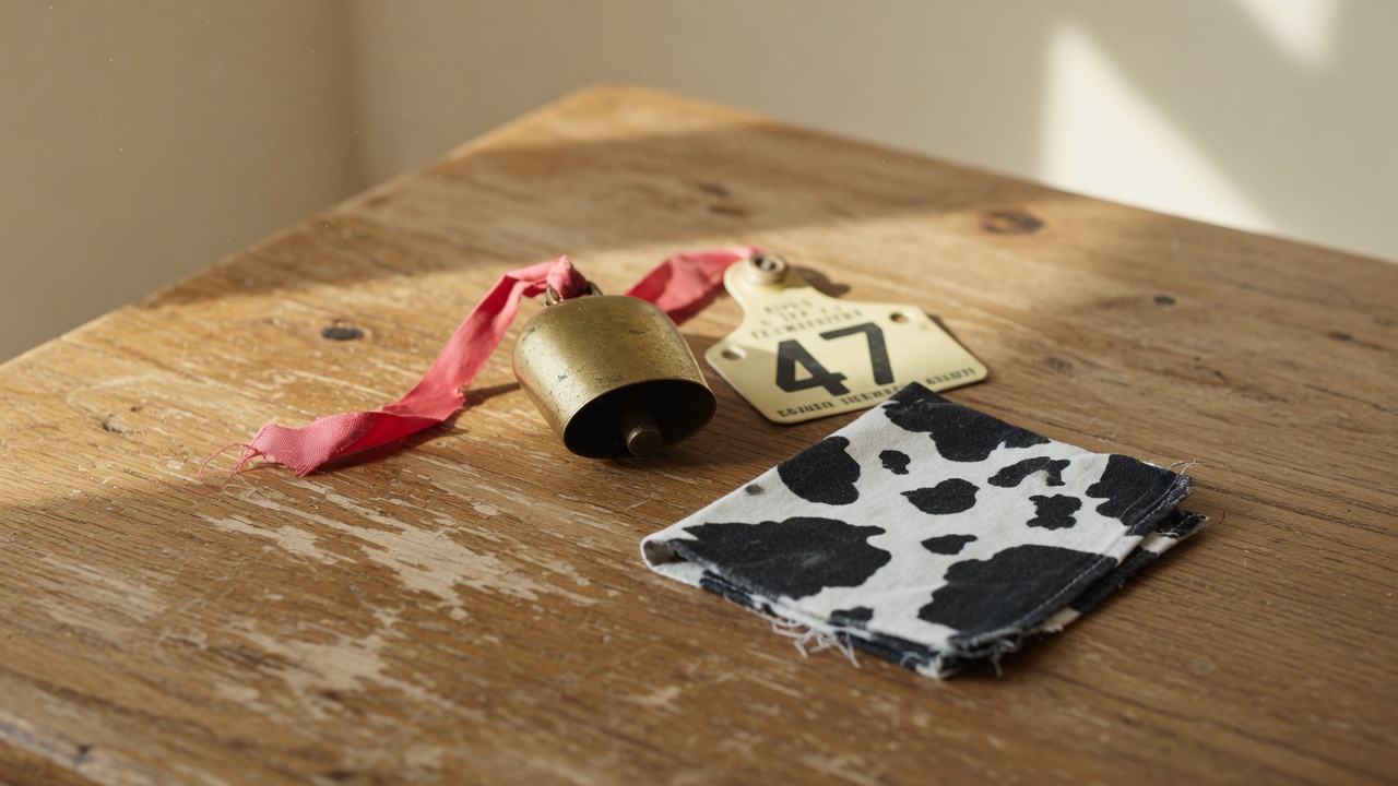A cowbell, tag, and cow-print cloth on a wooden table