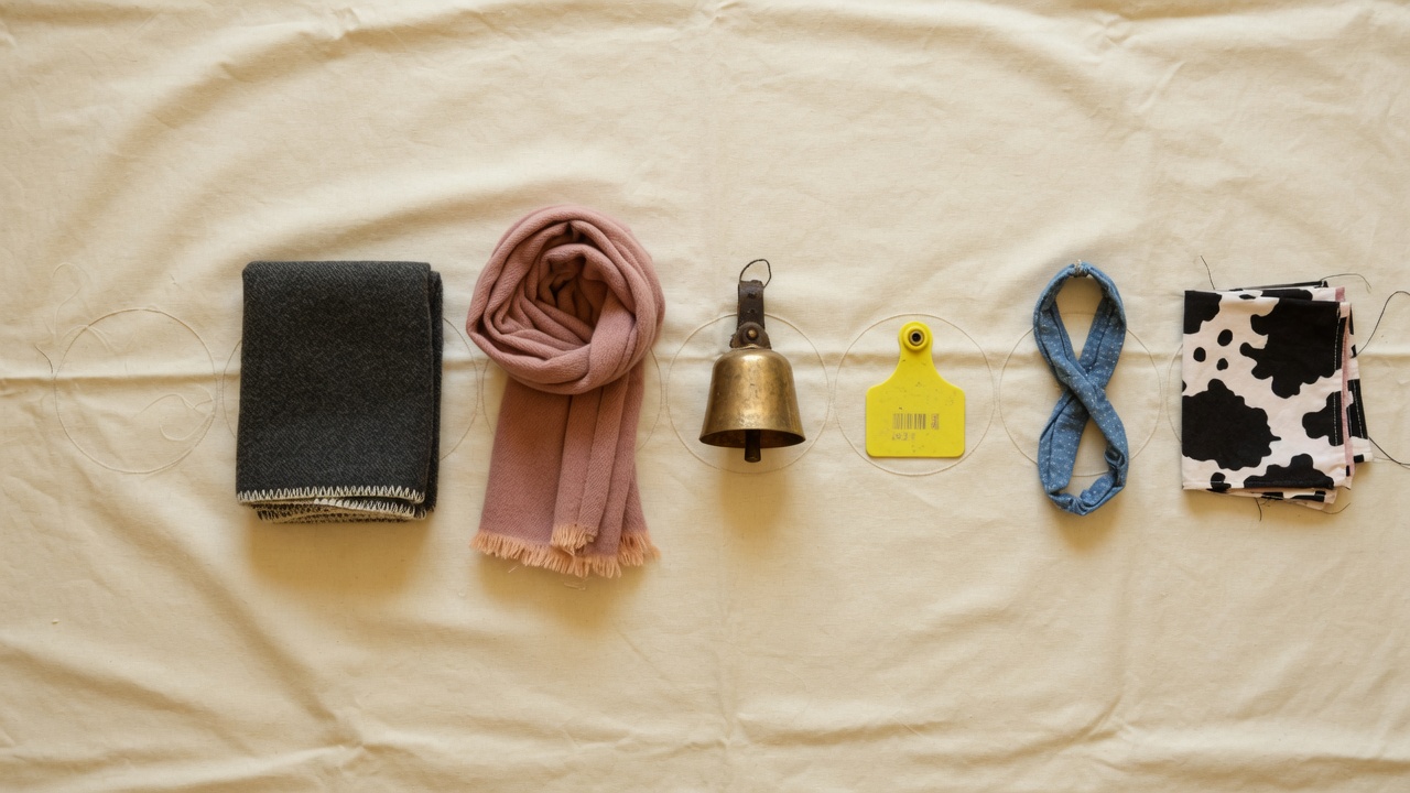 Seven small costume objects laid out on linen